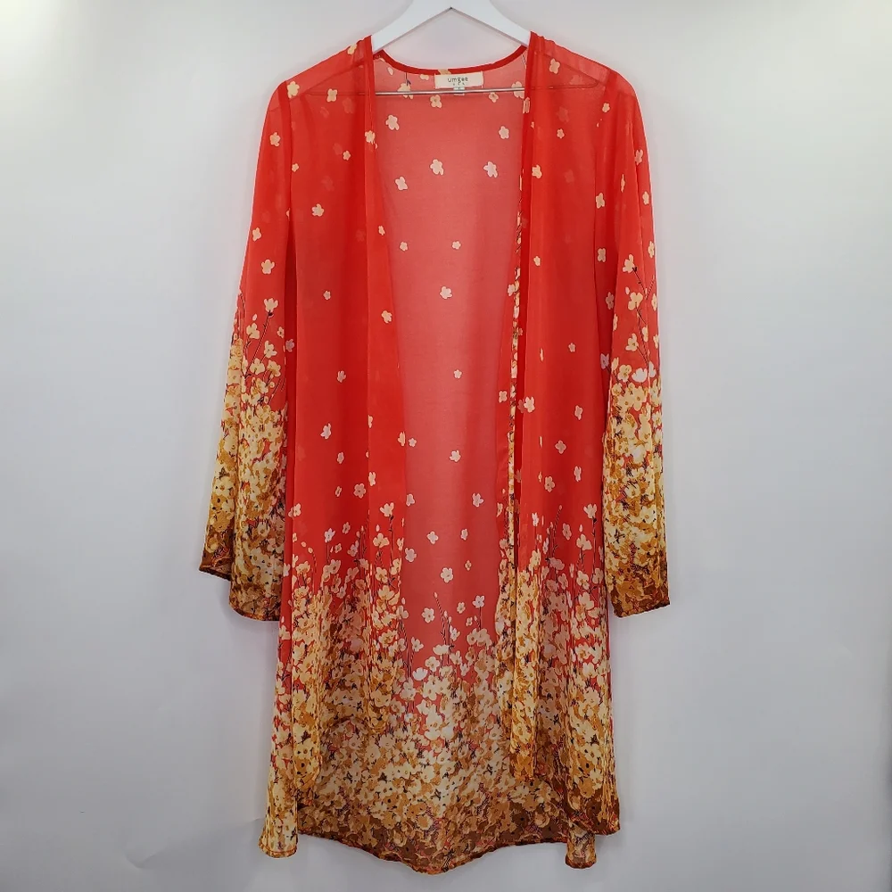 Umgee Floral Cherry Blossoms Print Kimono Long Duster Boho Red